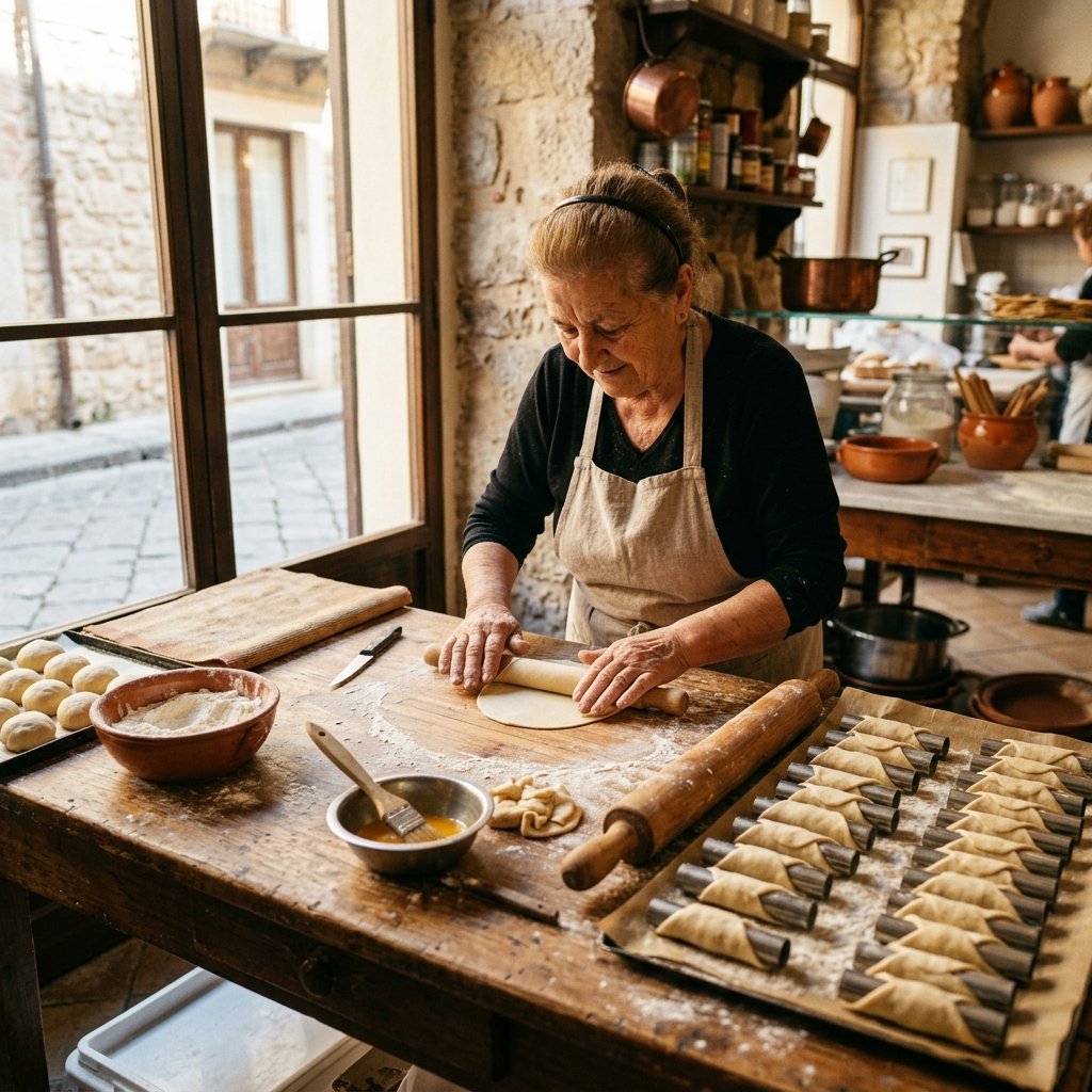 Preparazione artigianale della vera cialda di cannolo siciliano